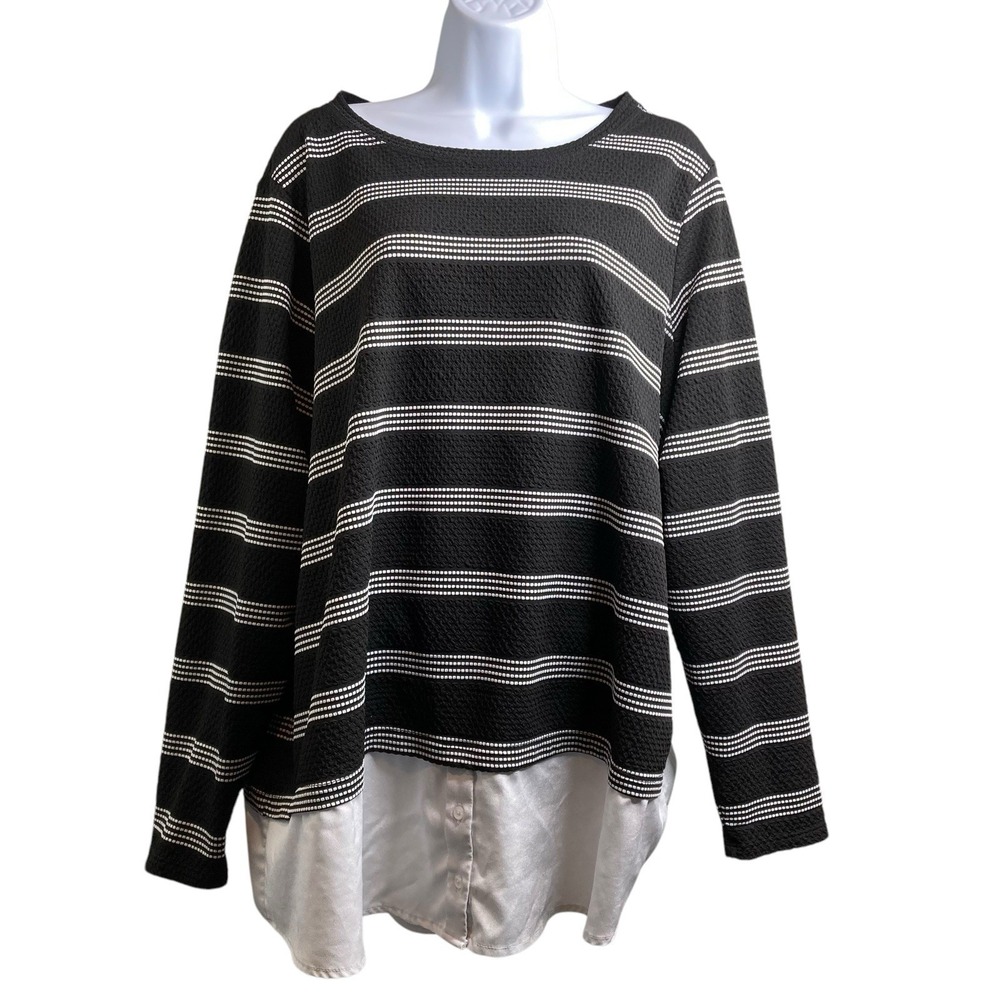 Calvin Klein Women's Black Striped Layered Top Est. Size 2X Preppy Classic